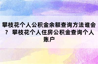 攀枝花个人公积金余额查询方法谁会？ 攀枝花个人住房公积金查询个人账户